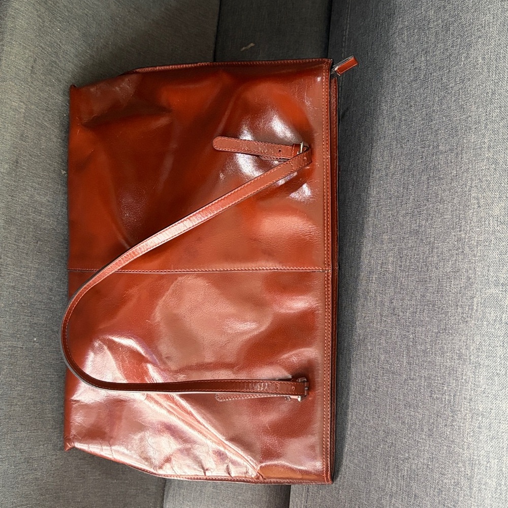 Elegant Brown glossy Leather zipper shoulder Tote Bag 11x 15x 3.5 - Picture 13 of 16